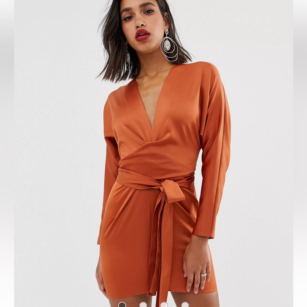 COPY - ASOS DESIGN mini dress with batwing sleeve and wrap waist in satin